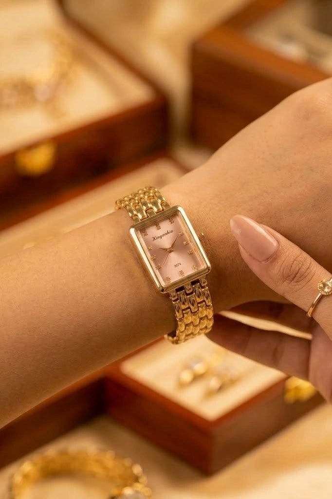 Vintage Rectangular Gold Plated Watch - Blush Dial | Anti-Tarnish