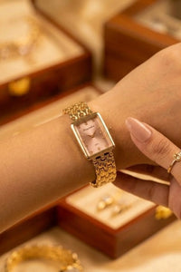 Vintage Rectangular Gold Plated Watch - Blush Dial | Anti-Tarnish