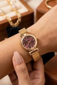 Vintage Burgundy Dial Gold Plated Watch | Anti-Tarnish Women's Watch