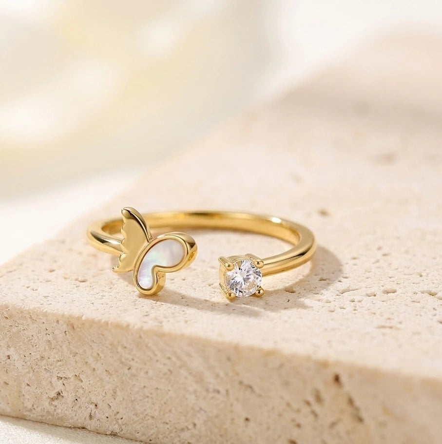 Korean Gold Butterfly Open Ring with Crystal - High Quality Fashion Jewelry