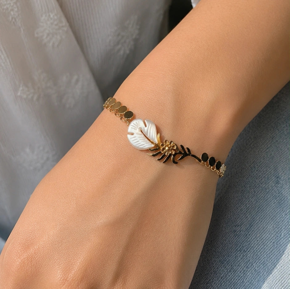 Gold Plated Layered Pearl Leaf Charm Bracelet | Anti-Tarnish