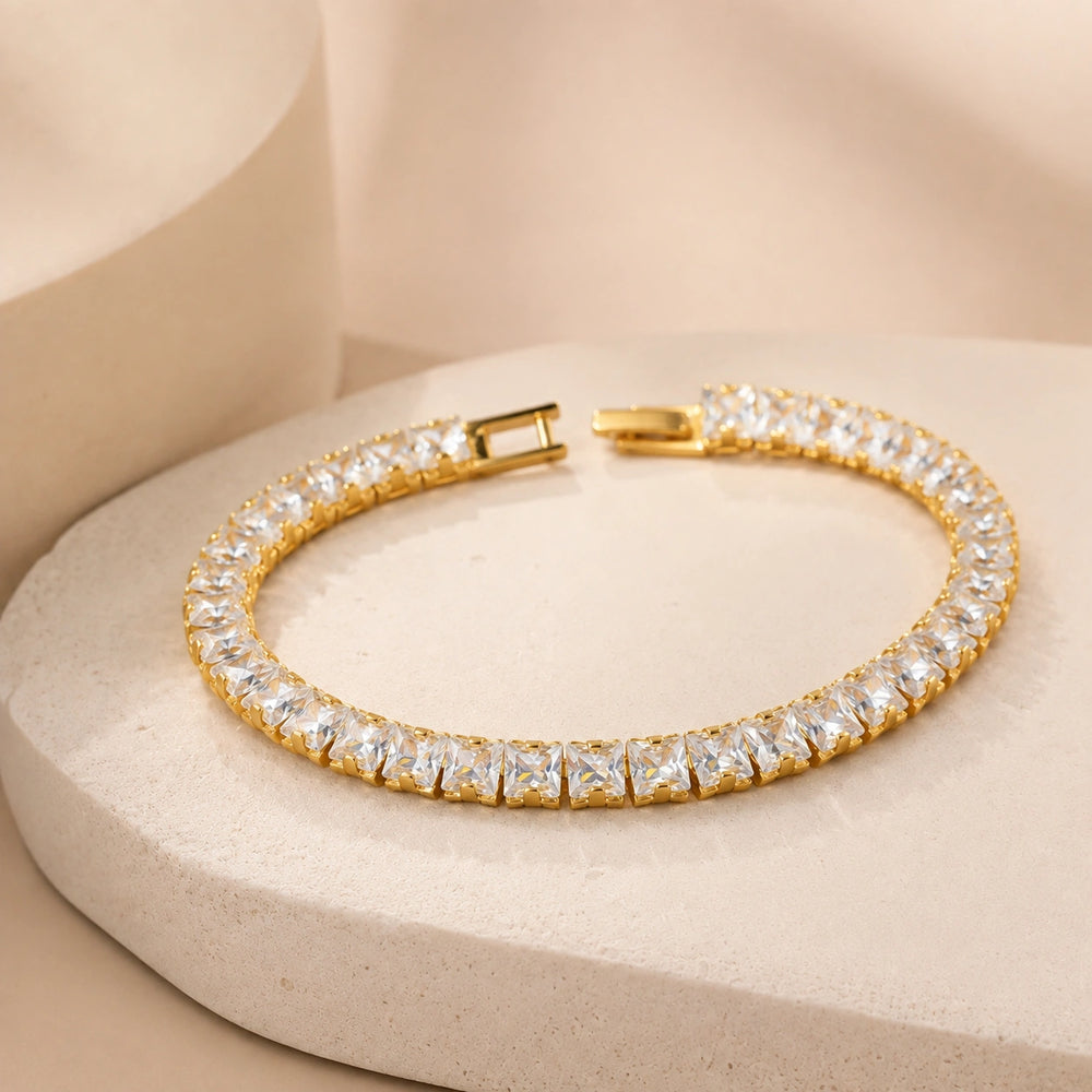 Square Cut Crystal Tennis Bracelet - Anti Tarnish Gold Plated