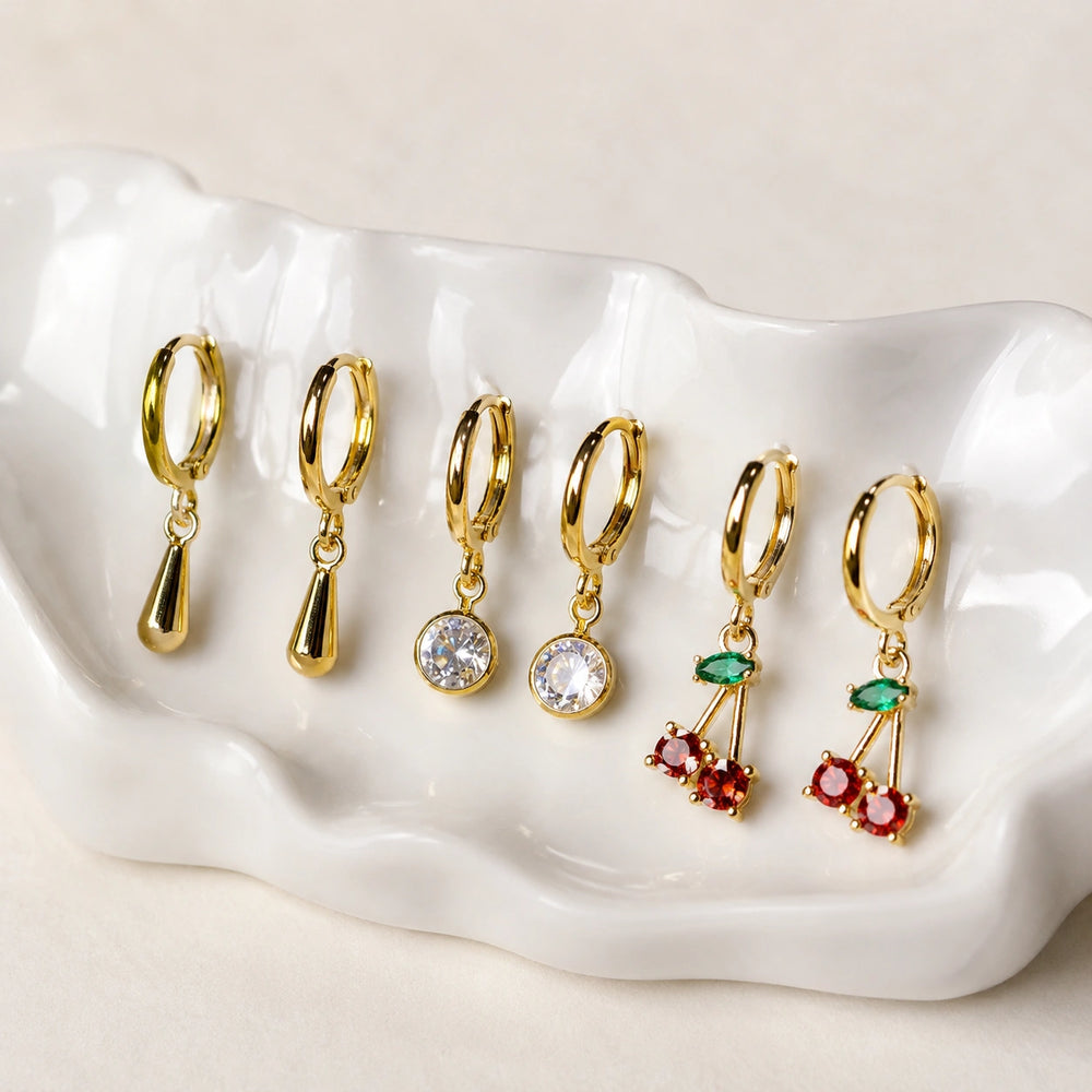 Cherry & Crystal Charm Hoop Earring Set - Anti Tarnish Gold Plated