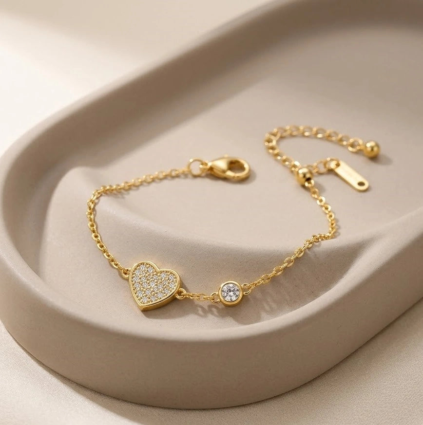 Pave Heart Charm Gold Plated Bracelet | Anti-Tarnish Minimalist Jewelry