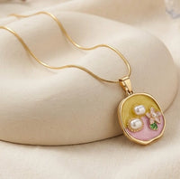 Korean Aesthetic Floral Pearl Enamel Necklace | Anti-Tarnish Gold Plated