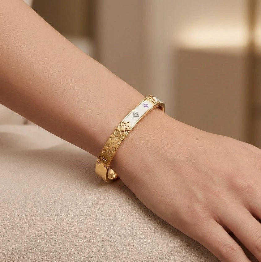 Designer Inspired Monogram Enamel Bangle - Anti-Tarnish Gold Plated