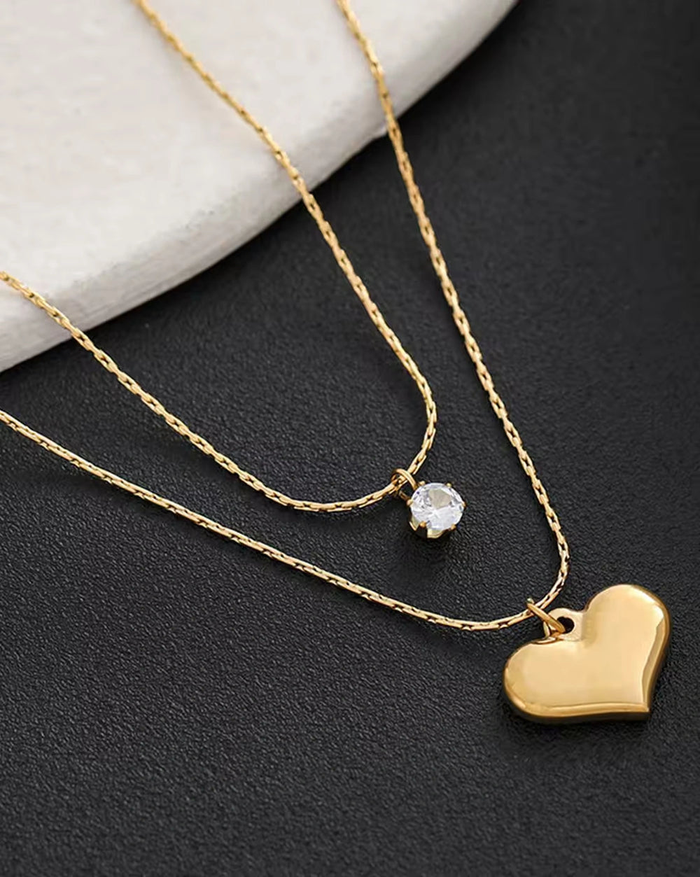 Minimalist Double Layer Heart & Solitaire Necklace | Anti-Tarnish Gold Plated