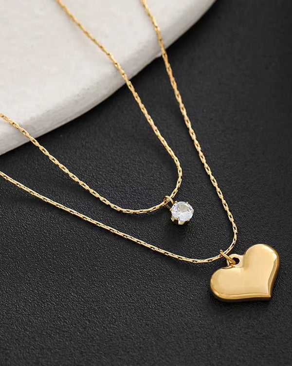 Minimalist Double Layer Heart & Solitaire Necklace | Anti-Tarnish Gold Plated