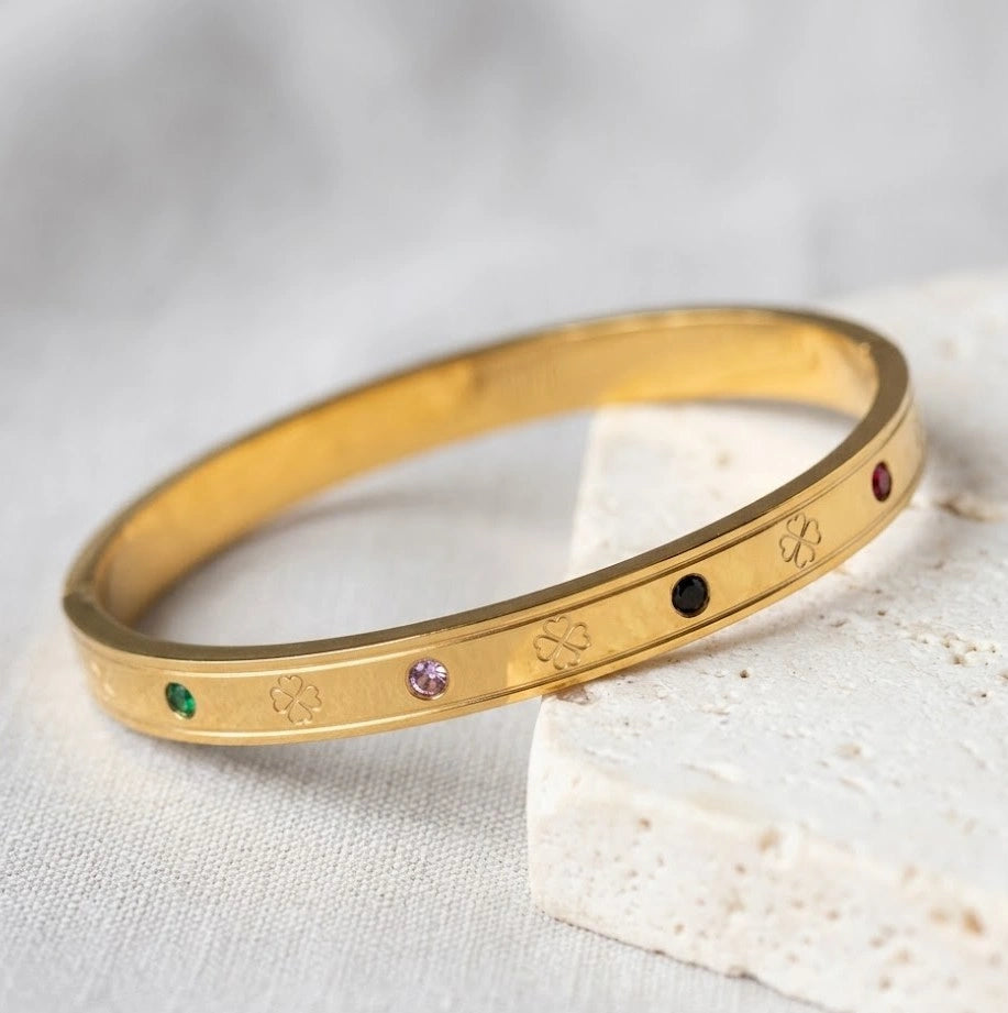 Multicolor Stone Anti-Tarnish Gold-Plated Bangle Bracelet