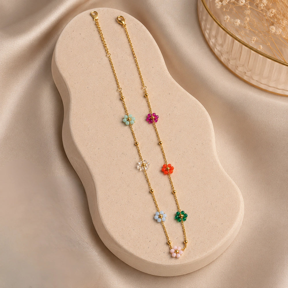 Multi-Color Floral Charm Necklace - Anti Tarnish Gold Plated