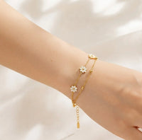 White Daisy Double Chain Bracelet | Anti-Tarnish Gold Plated Floral Jewelry