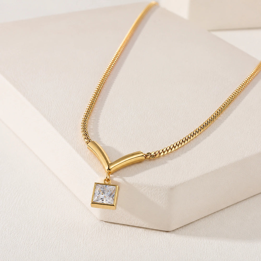 Anti-Tarnish Gold Plated V-Shape Geometric Necklace with Square Crystal