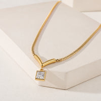 Anti-Tarnish Gold Plated V-Shape Geometric Necklace with Square Crystal