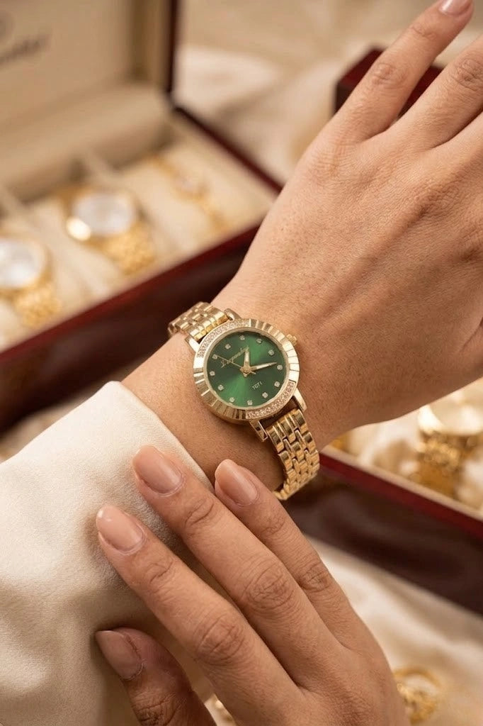 Vintage Emerald Green Dial Anti-Tarnish Gold Plated Watch for Women | Moncheri Jewels