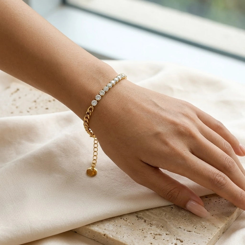 Half Tennis Half Link Chain Bracelet - Anti Tarnish Gold Plated
