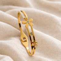 Korean Floral Anti-Tarnish Gold Plated Bracelet - Stainless Steel Waterproof Bangle
