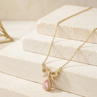 Coquette Bow & Pink Teardrop Necklace - Anti Tarnish Gold Plated