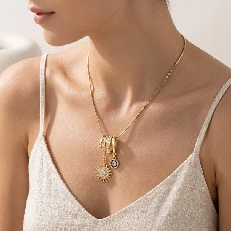 Evil Eye & Sunburst Charm Necklace | Anti-Tarnish Gold Plated Snake Chain