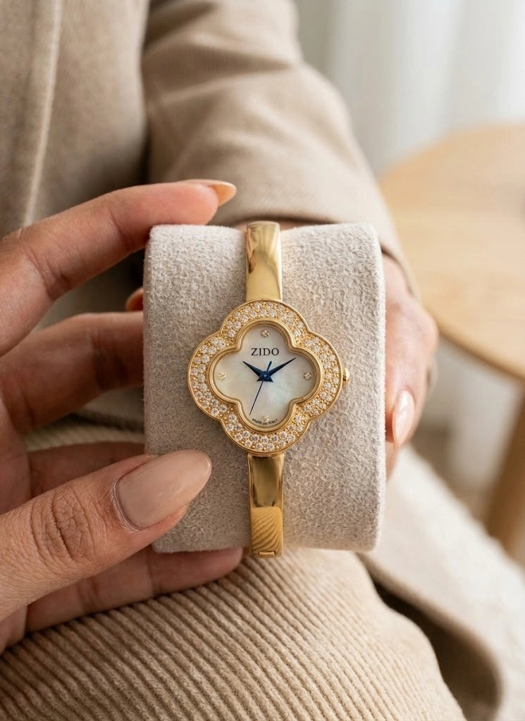 Premium Clover Anti-Tarnish Gold Plated Bangle Watch for Women