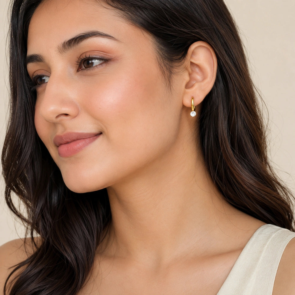 Solitaire Drop Hoop Earrings - Anti Tarnish Gold Plated Huggies