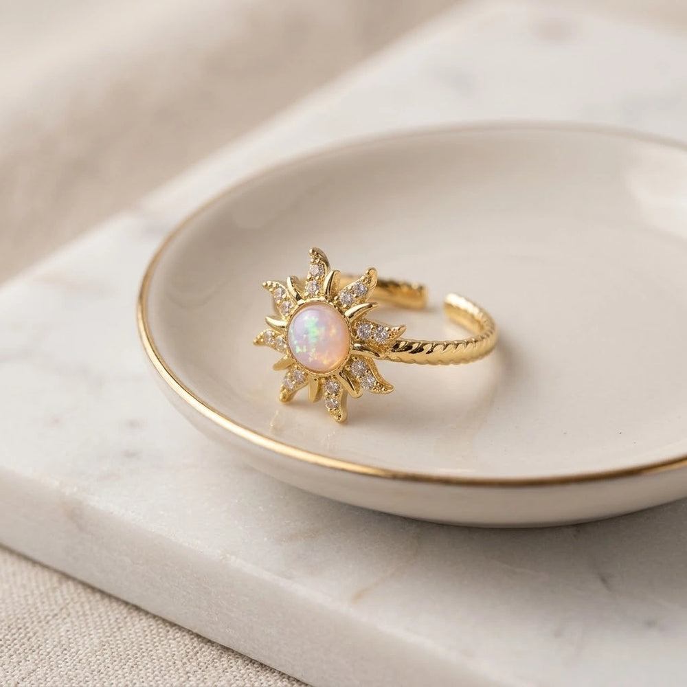 Opal Sunburst Adjustable Ring - Anti-Tarnish Gold Plated Celestial Jewelry