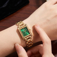 Emerald Green Minimalist Rectangular Anti-Tarnish Gold Plated Watch for Women