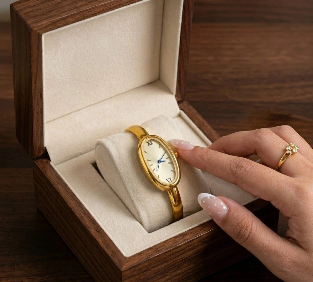 Elegant Oval Cream Dial Anti-Tarnish Gold Plated Watch