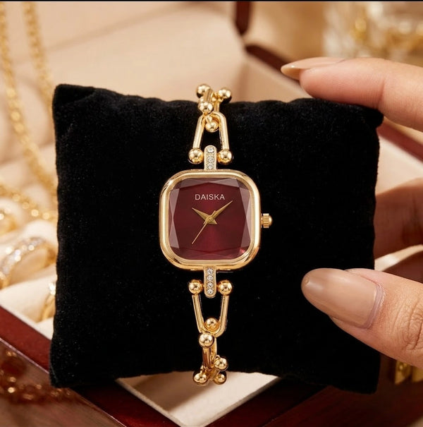Square Red Dial Minimalist Wrist Watch - Anti-Tarnish Gold Plated