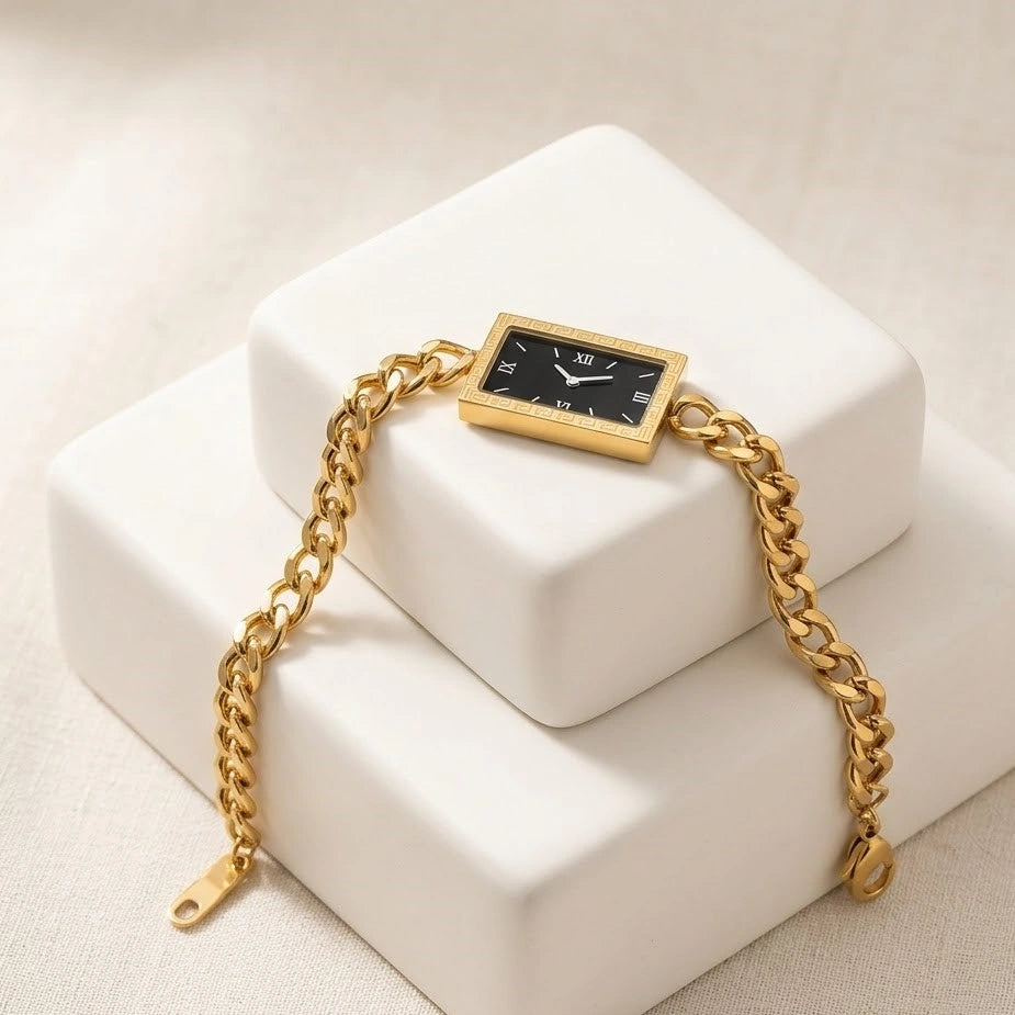 Vintage Rectangular Black Dial Watch Bracelet - Anti-Tarnish Gold Plated ( Dummy Watch )