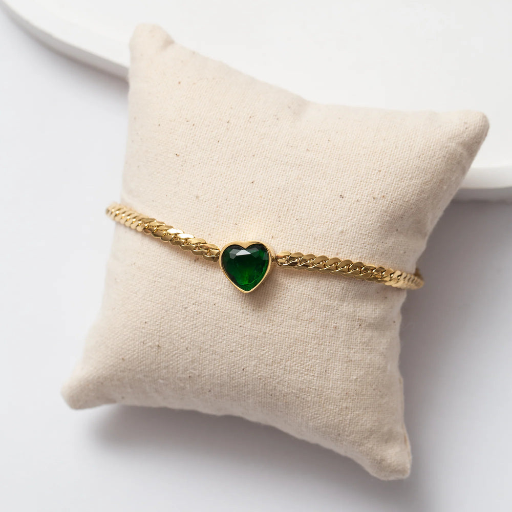 Emerald Green Heart Gold Plated Chain Bracelet | Anti-Tarnish & Waterproof