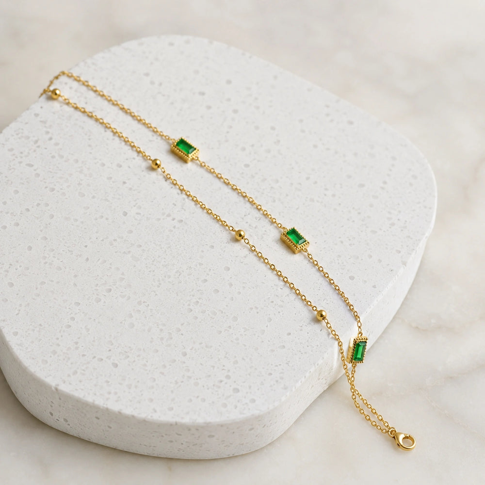 Emerald Green Double Layer Chain Bracelet - Anti-Tarnish Gold-Plated Minimalist Jewelry