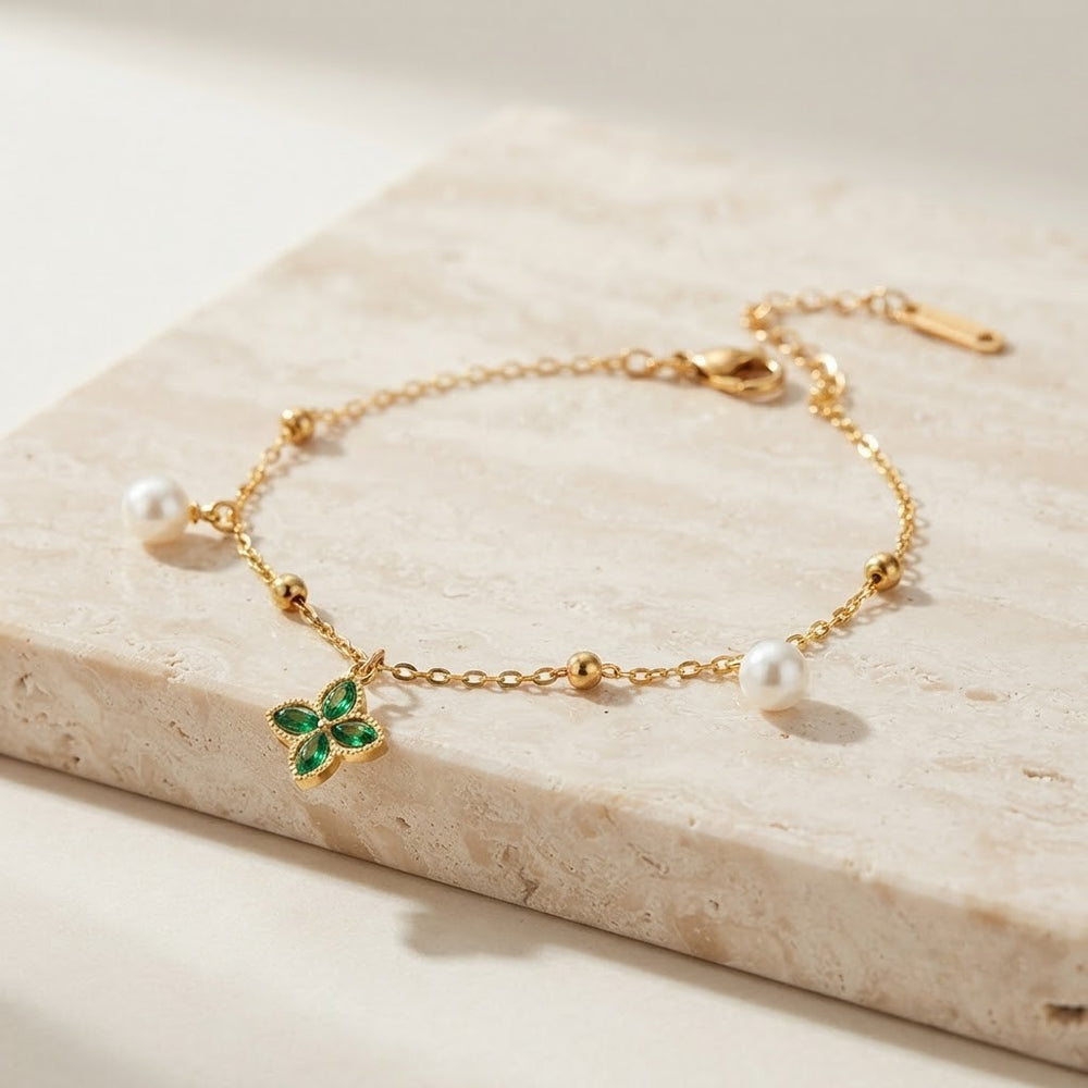 Four-Leaf Clover Green Stone Bracelet - Anti-Tarnish Gold-Plated with Pearl Charms