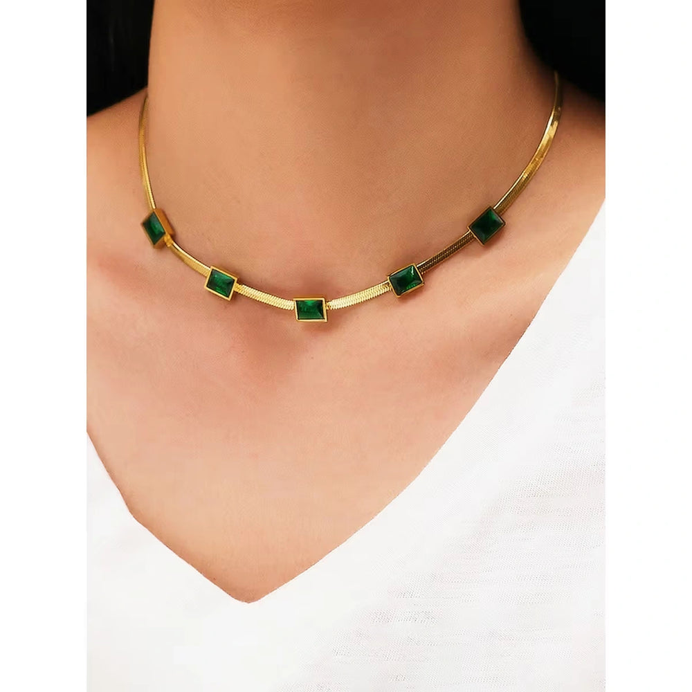 Emerald Green Stone Gold Plated Snake Chain Necklace | Anti-Tarnish