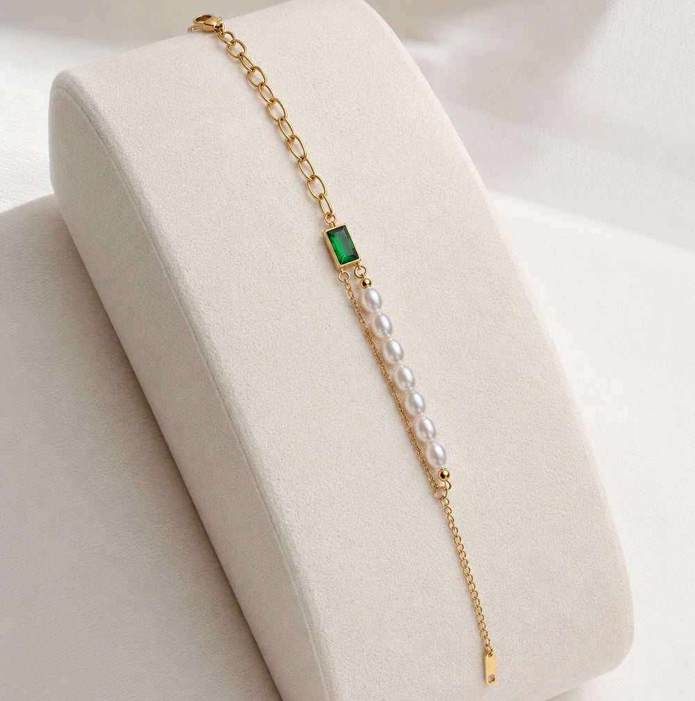 Emerald Green Stone & Pearl Gold-Plated Bracelet