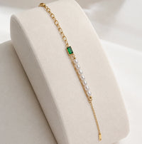 Emerald Green Stone & Pearl Gold-Plated Bracelet