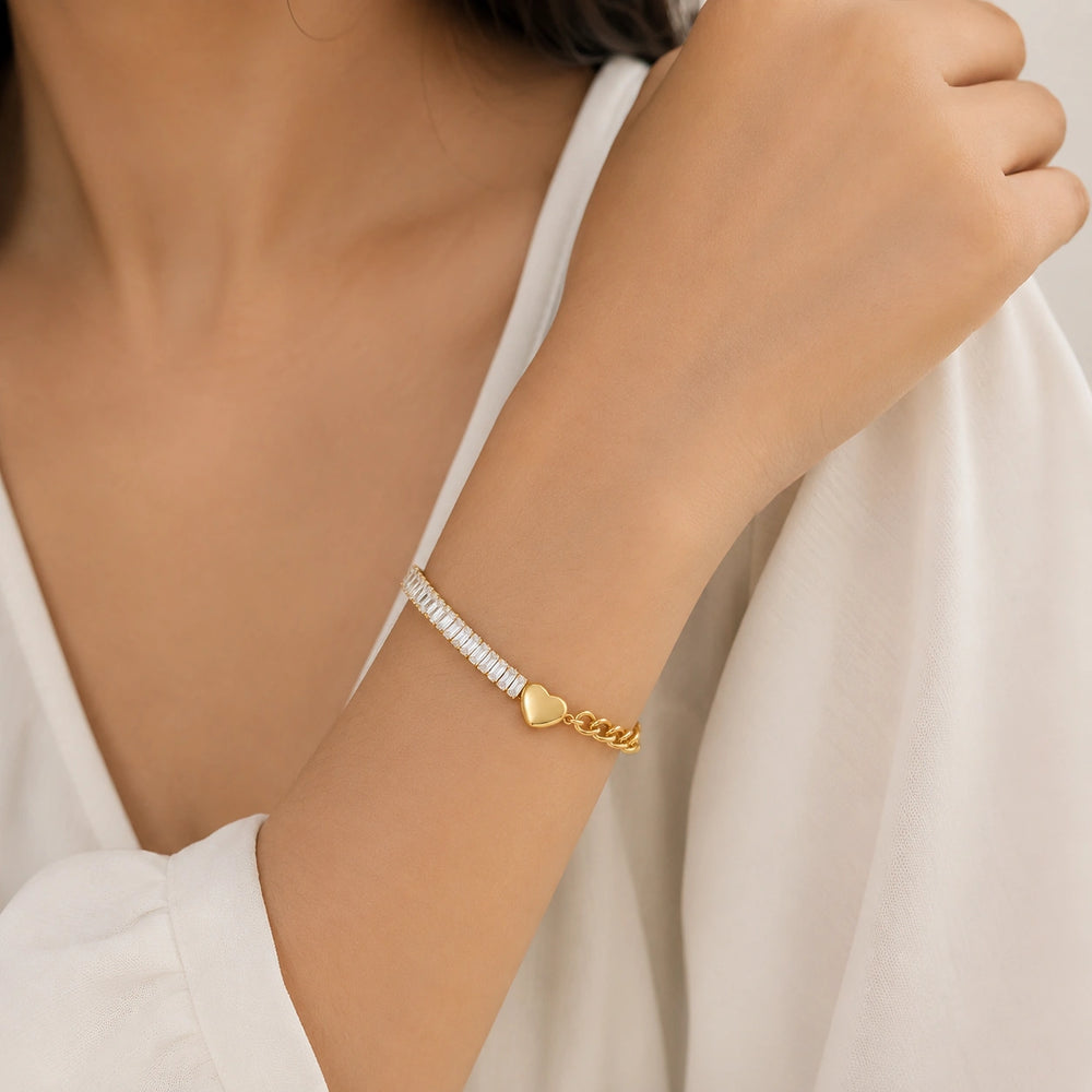 Baguette Crystal Heart Anti Tarnish Gold Plated Bracelet