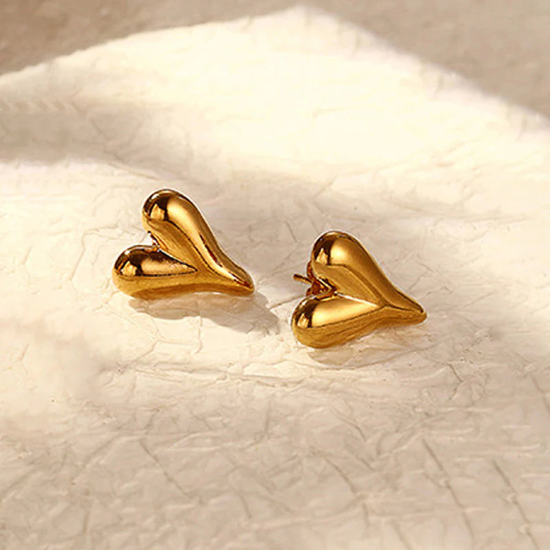 Puffy Heart Stud Earrings - Anti-Tarnish Gold Plated | 3D Design