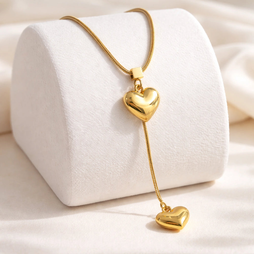 Double Heart Lariat Necklace - Anti-Tarnish Gold Plated Minimalist Tassel Pendant