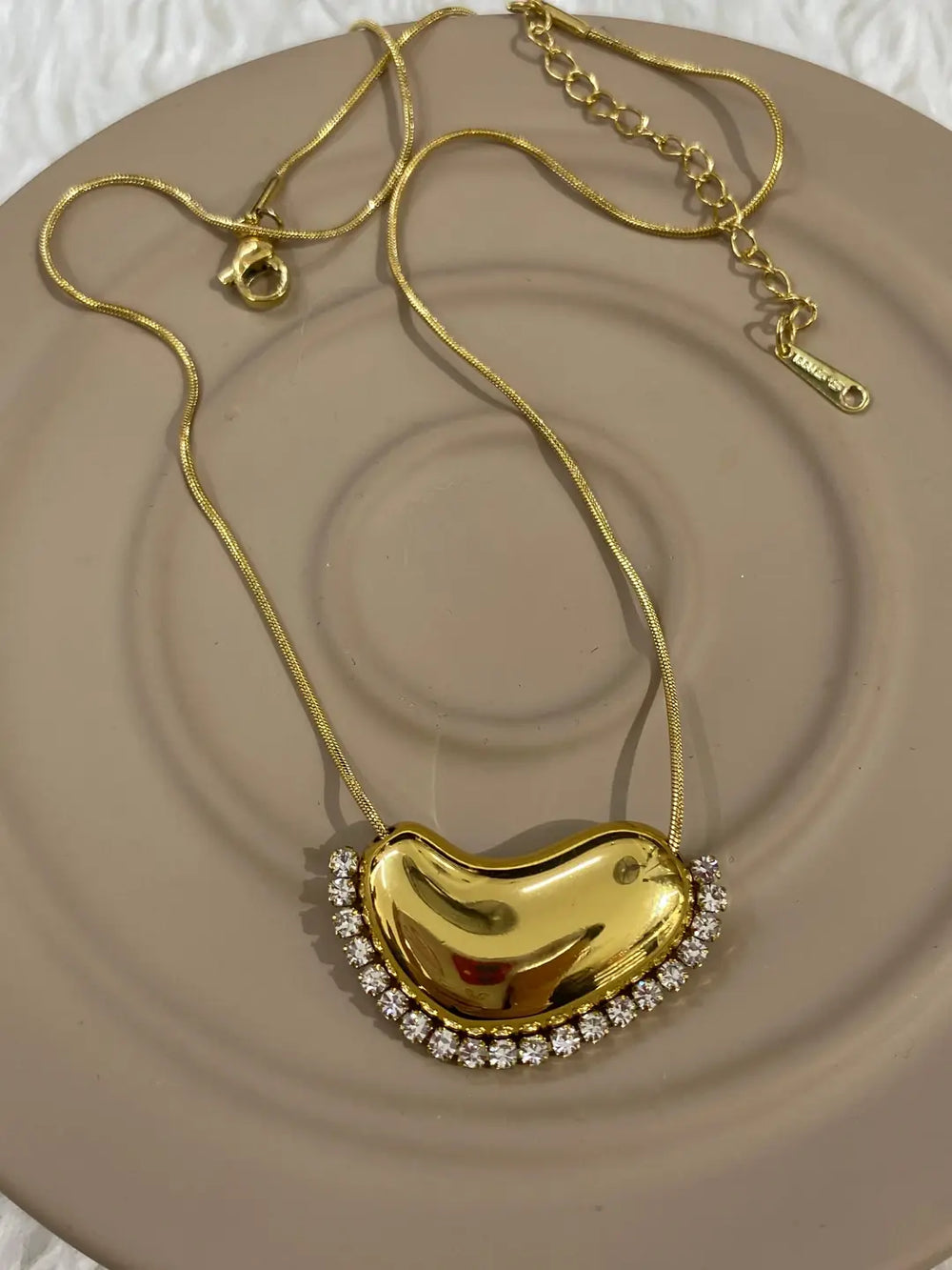 Anti-Tarnish Gold-Plated Puffy Heart Necklace with Crystal Border