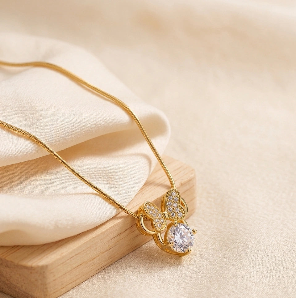 Anti-Tarnish Gold Plated Crystal Bow Pendant Necklace