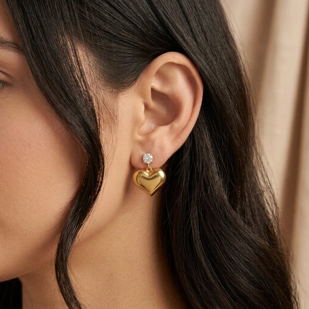Heart Drop Zircon Earrings - Anti Tarnish Gold Plated | Korean Minimalist Style