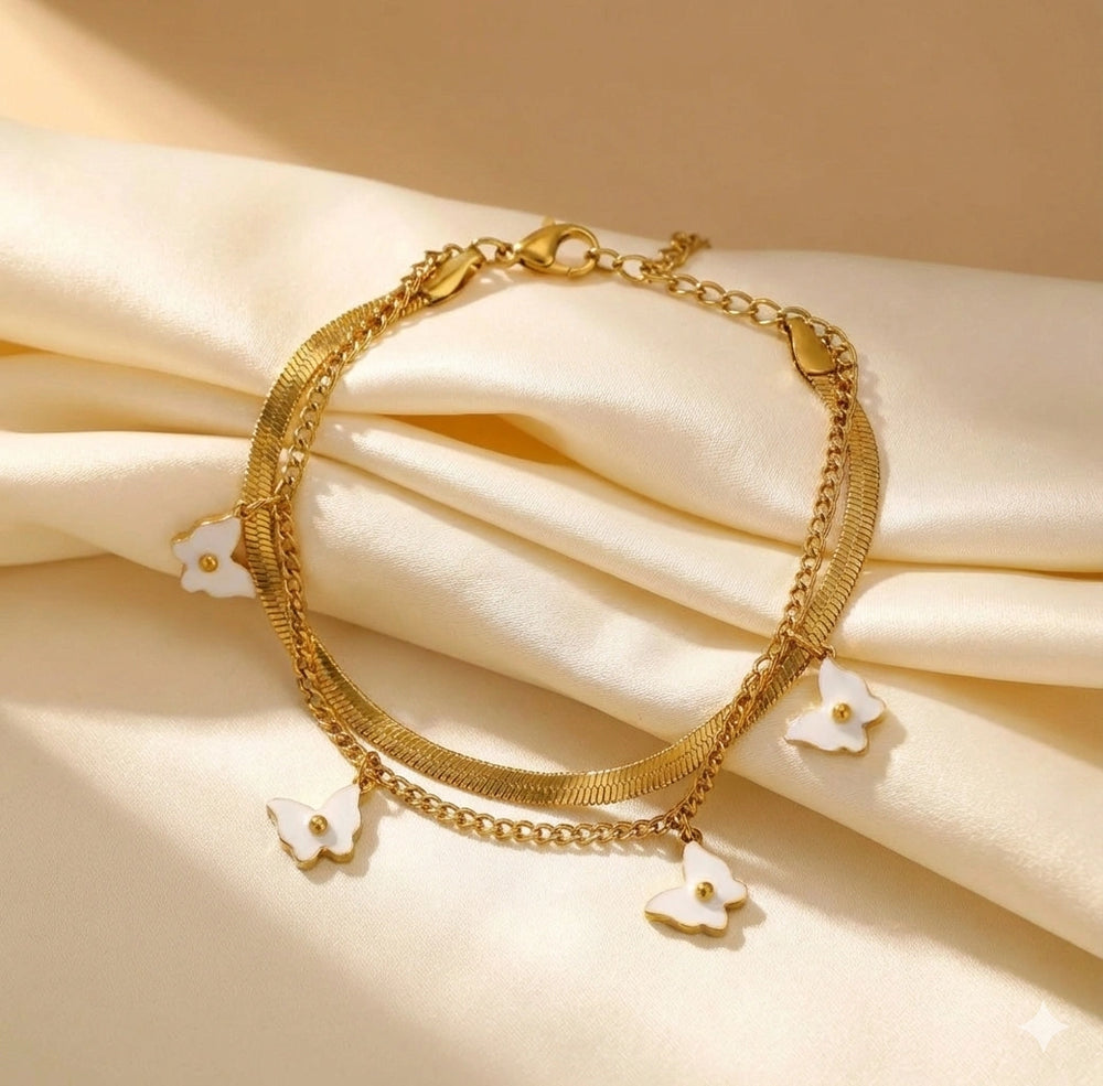 Korean White Floral Double Layer Bracelet | Anti-Tarnish Gold-Plated
