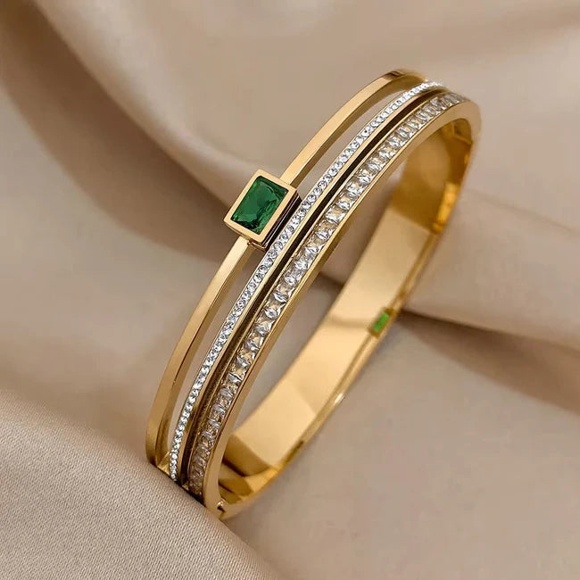 Emerald Green Charm & Minimalist Bangle Bracelet Stack | Anti-Tarnish Gold Plated