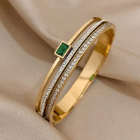 Emerald Green Charm & Minimalist Bangle Bracelet Stack | Anti-Tarnish Gold Plated