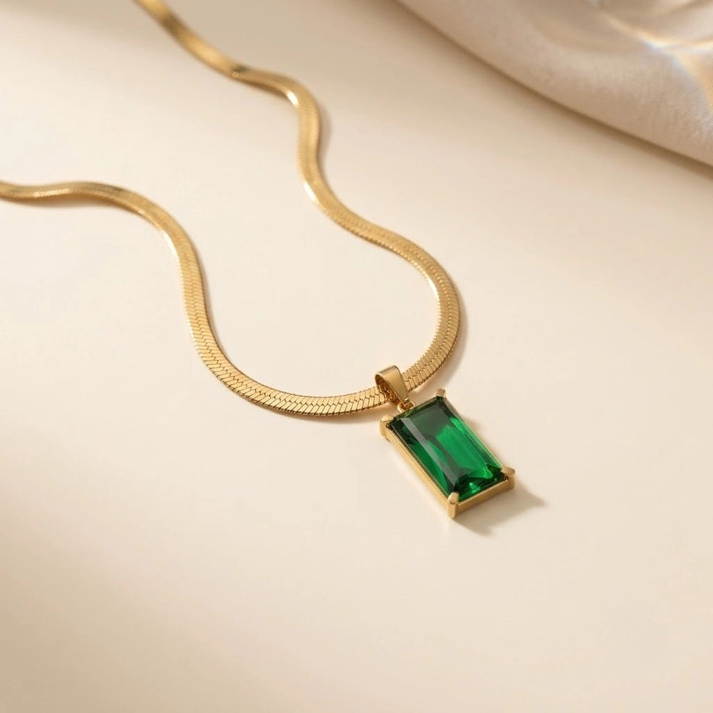 Emerald Green Rectangle Pendant Necklace - Anti Tarnish Gold Plated