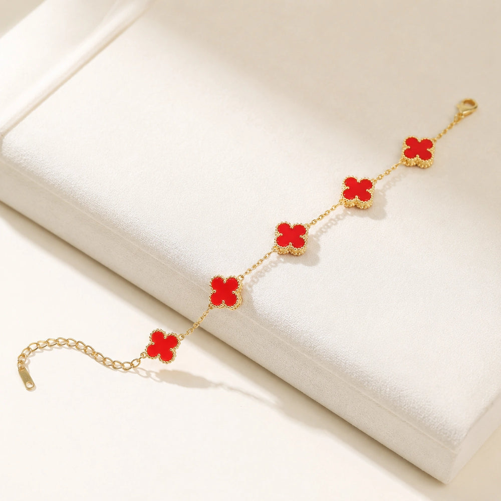 Red Clover Motif Bracelet - Anti-Tarnish Gold Plated