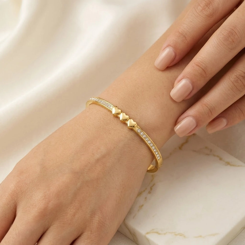 Triple Heart Crystal Bangle | Anti-Tarnish Gold-Plated Bracelet