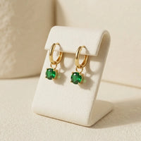 Emerald Green Drop Hoop Earrings - Anti Tarnish Gold Plated