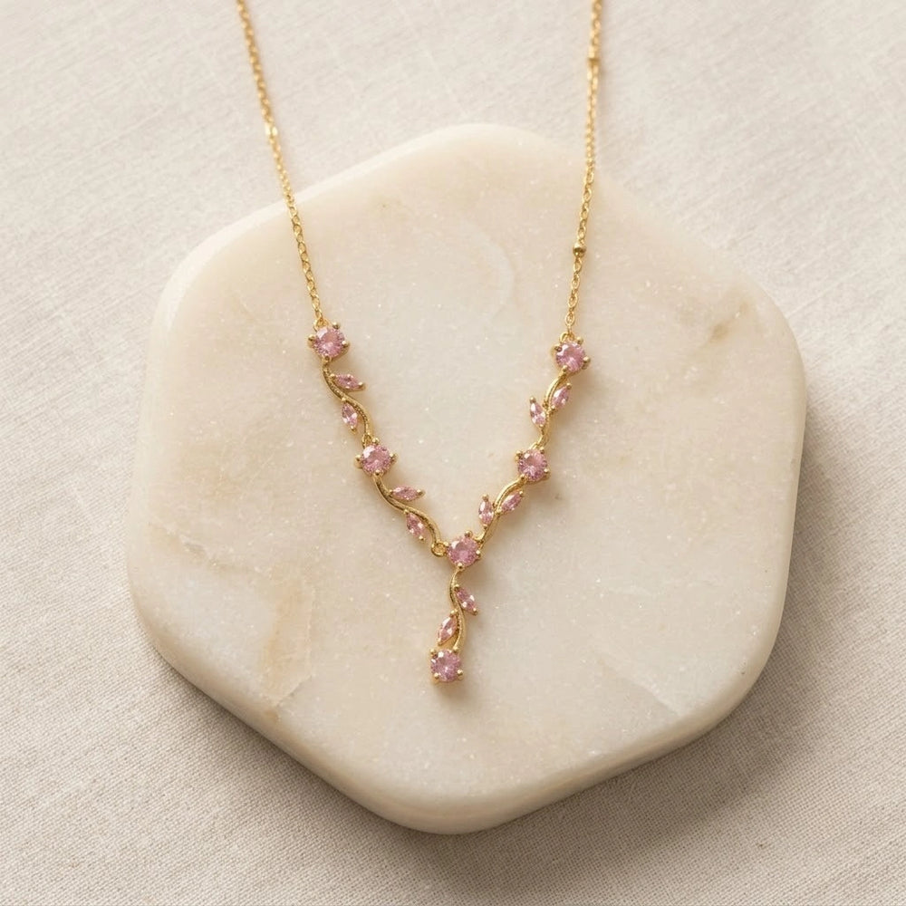 Pink Floral Drop Y-Necklace | Anti-Tarnish Gold Plated