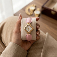 Vintage Clover Motif Watch - Anti-Tarnish Gold Plated with Pink Leather Strap